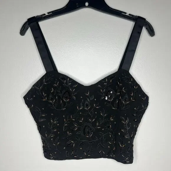 Zara Beaded Bustier Style Top Cropped Size Large Black Gold Sleeveless Festival - Picture 6 of 10